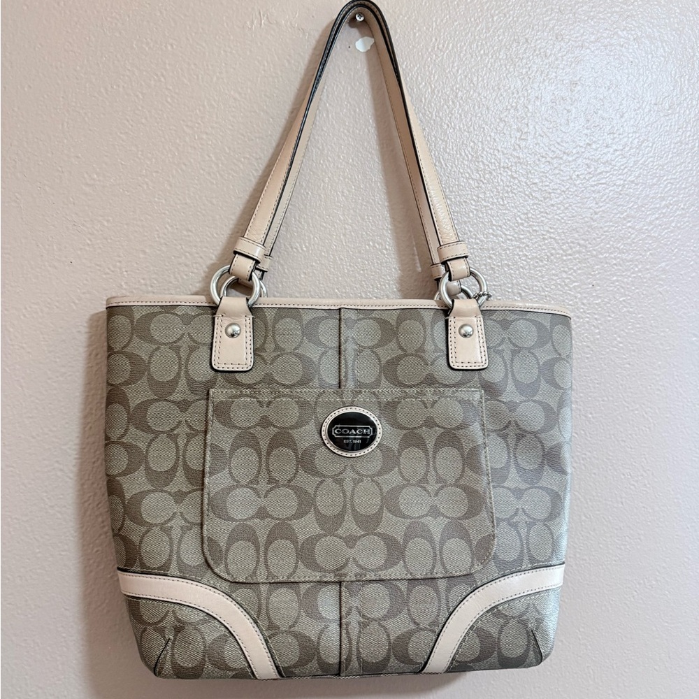 Coach Gray and Cream Signature Tote